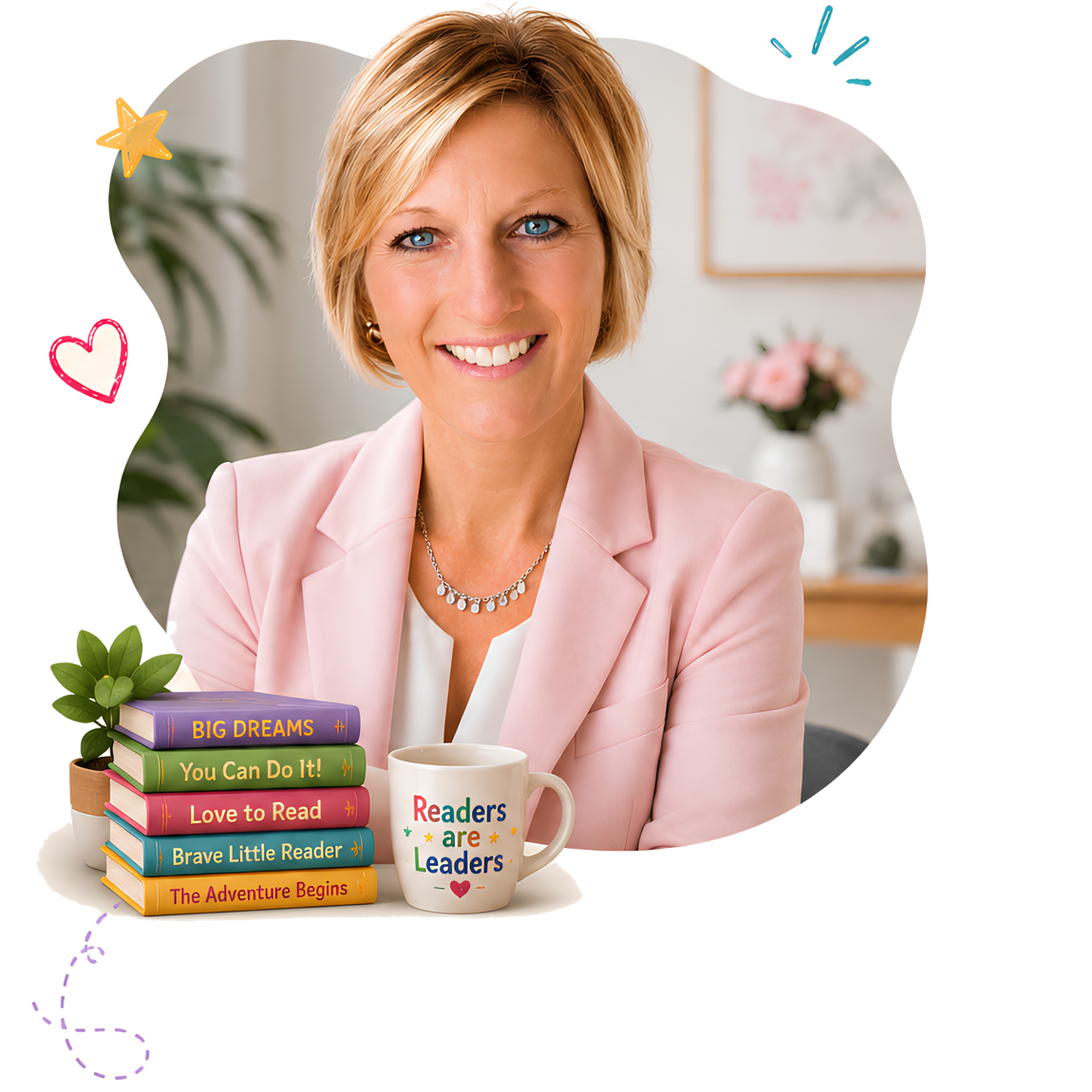 Ms. Beth smiling in a pink blazer, beside a stack of colorful children's books and a Readers Are Leaders mug