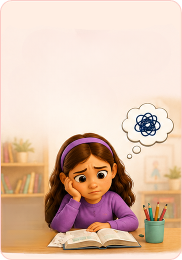 A discouraged girl rests her head on her hand at a desk with an open book and a tangled thought bubble above her