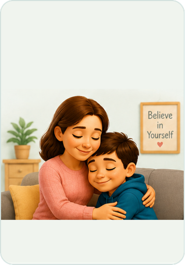 A mother comforting her son with a warm hug in a cozy room, beside a Believe in Yourself picture