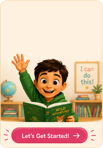 A joyful boy raises his hand while reading a book called Wild Adventures
