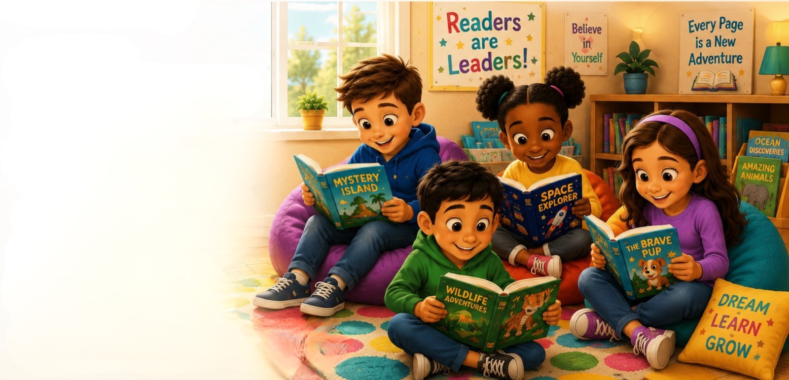 Four happy children reading colorful storybooks together in a bright, cozy classroom reading nook